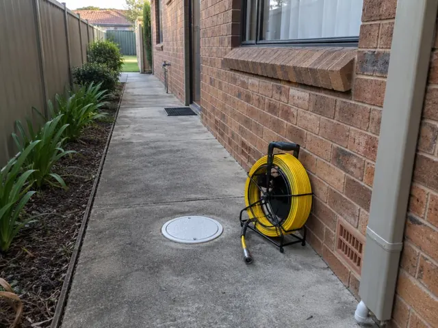 Capped inspection opening beside a coiled drain camera reel on a concrete side path by a brick wall in Canley Vale