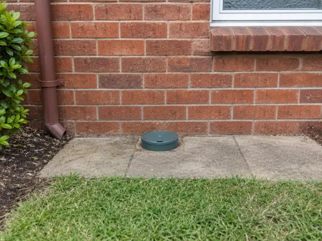 Capped sewer opening beside a brick house wall and concrete path in Cabramatta